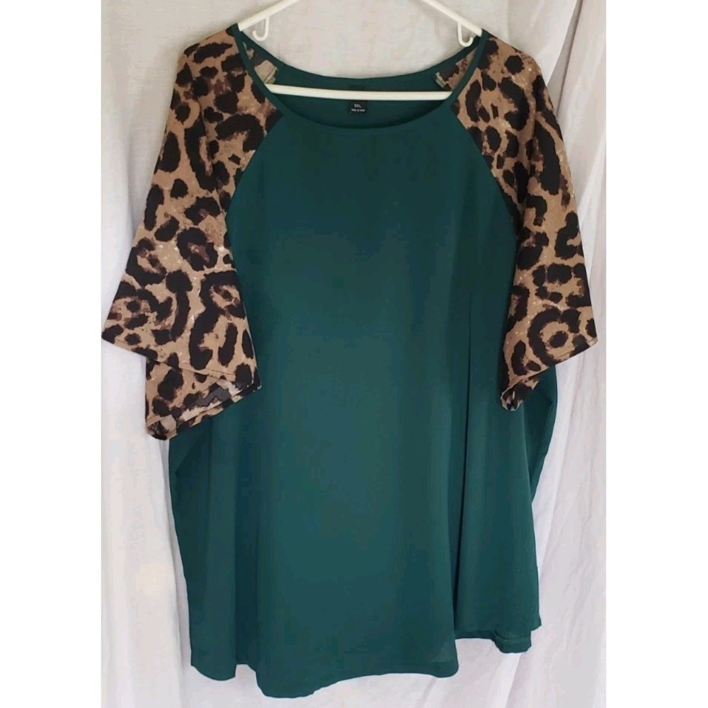 Womens Green And Leopard‎ Print Long Sleeve Shirt. 2xl